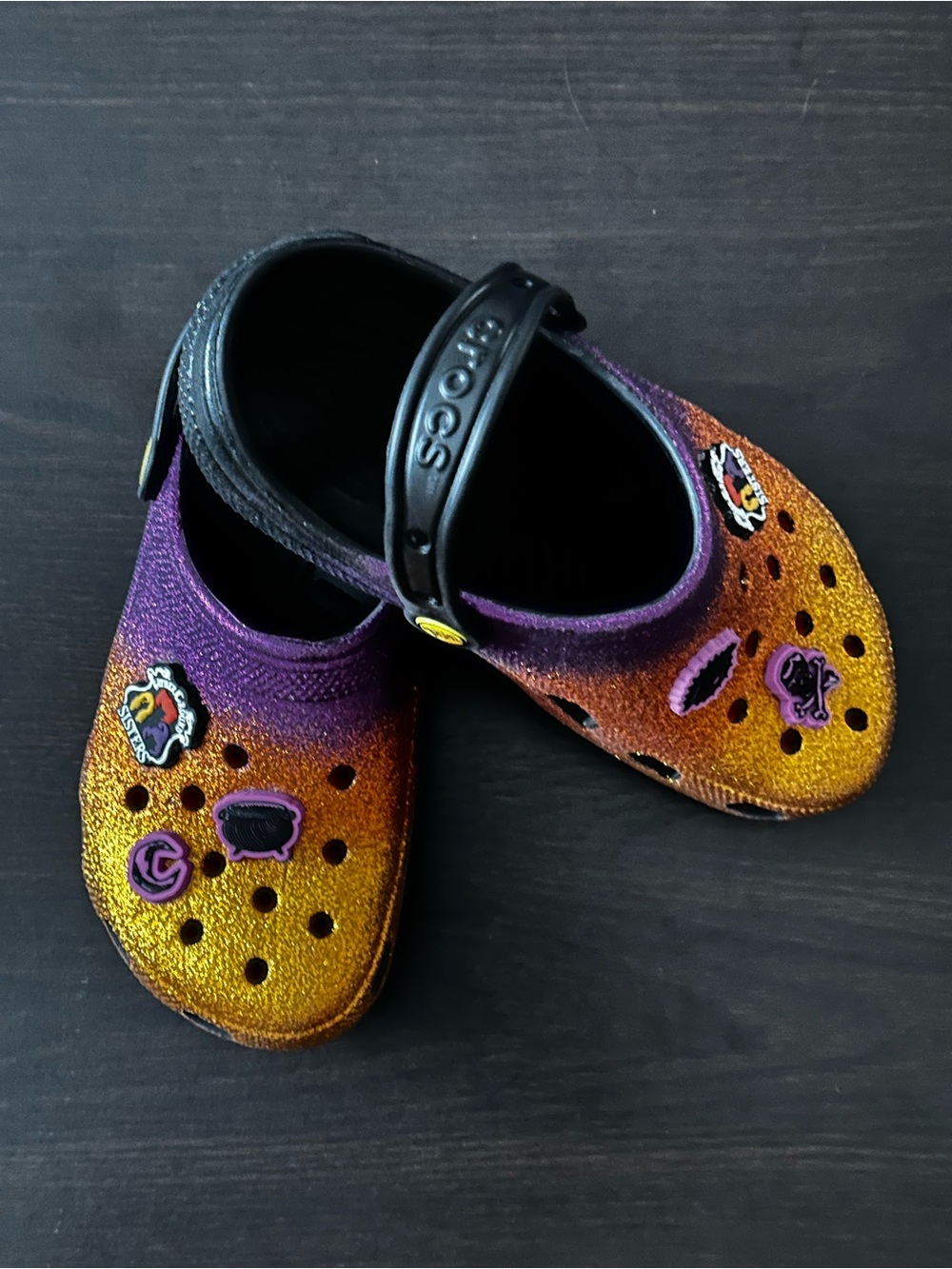 Custom Glitter Crocs (Purple & Gold) – Halloween / Hocus Pocus Style